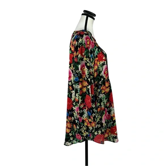 Rose + Olive Floral Blouse Women’s L Black Boho Tunic Top Pintuck Long Sleeve - Picture 3 of 11